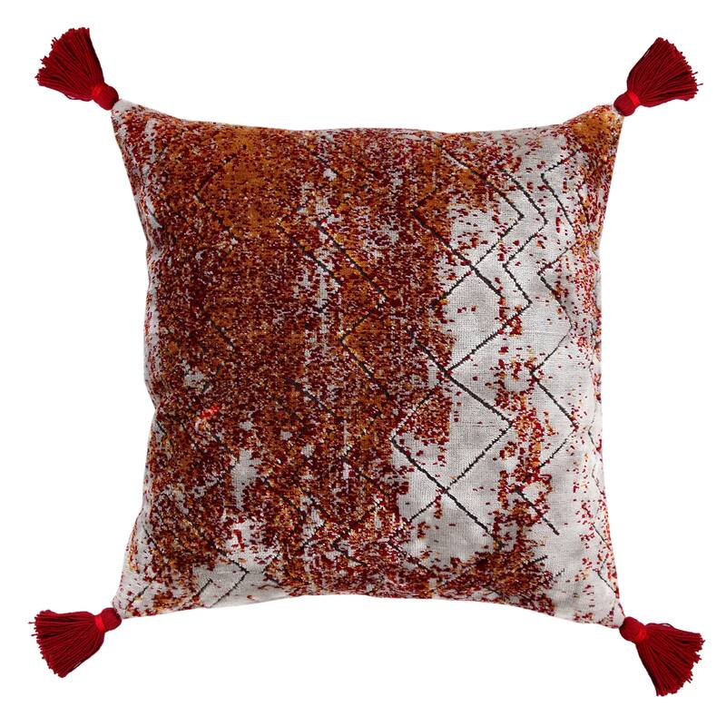 18" Red And Silver Abstract Geometric Viscose Throw Pillow Cover with Tassels