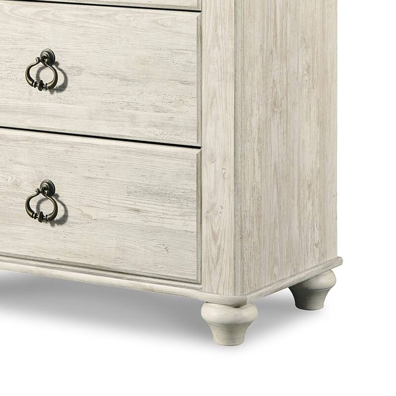 Isla Tall Dresser Chest, 5 Drawer, Brown Wood Finish, Rustic Whitewash