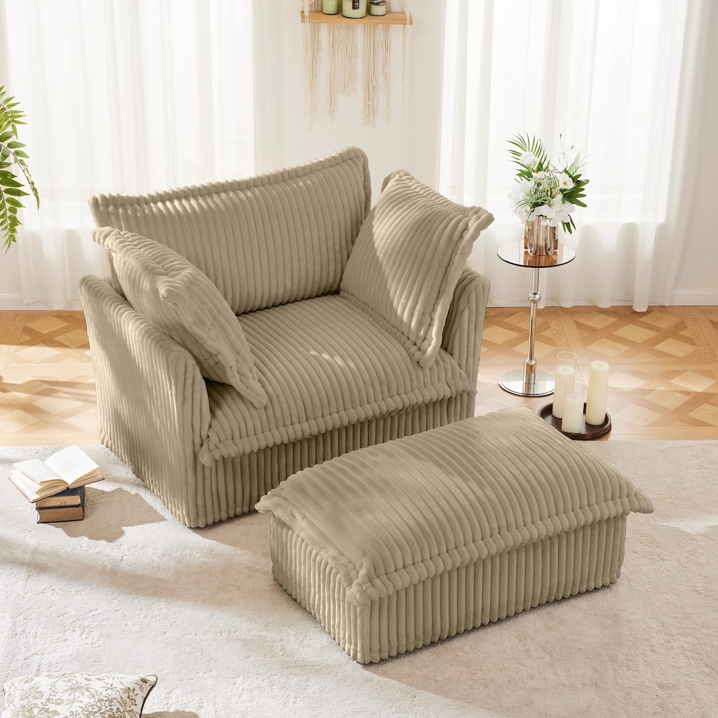 Corduroy Slipcovered Deep Seat Armchair with Ottoman & Large Soft Pillows