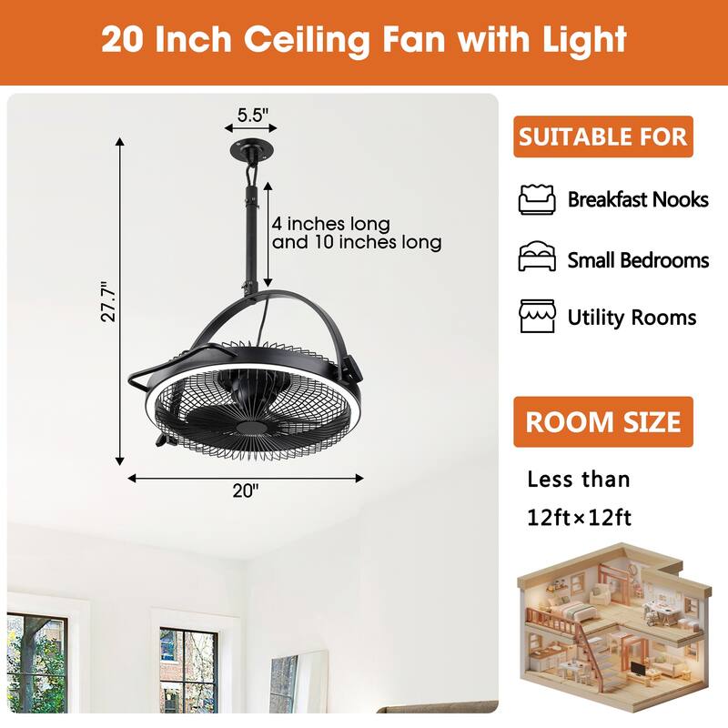 20" Black Integrated LED Rotatable 6-Speed Industrial Ceiling Mount Fan with Remote