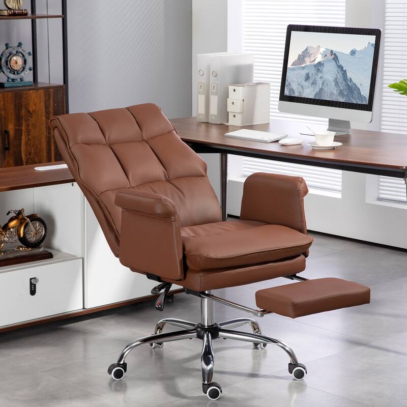 Executive Office Chair, PU Leather Ergonomic Office Desk Chair with Footrest, Reclining and Swivel Chair, Brown