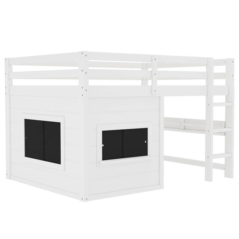 Full/Twin Loft Bed with Sliding Chalkboard, Bookshelf & Safety Rails