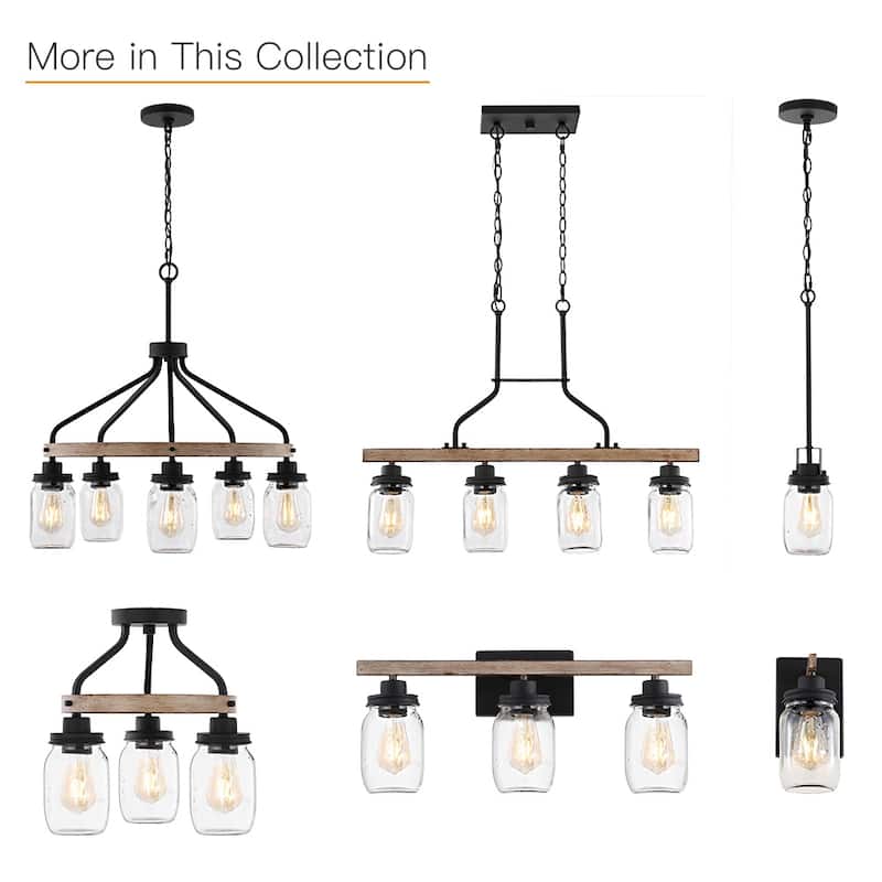 1-Light Black/Wood Tone Rustic Farmhouse Wall Sconce with Clear Mason Jar Glass Shade - 10"H x 4.7"W x 5.4"D