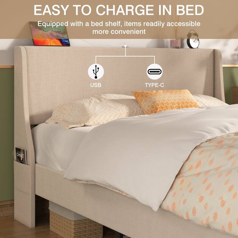 VECELO Bed Frame with Upholstered Wingback Headboard,Platform Bedframe with Charging Station & Side Pockets