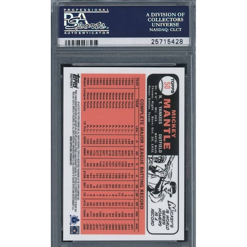 Mickey Mantle 2012 Topps Mantle 1966 Reprint Gold Ref Baseball Card #50 Graded PSA 10 GEM MINT - 8'6" x 11'6"