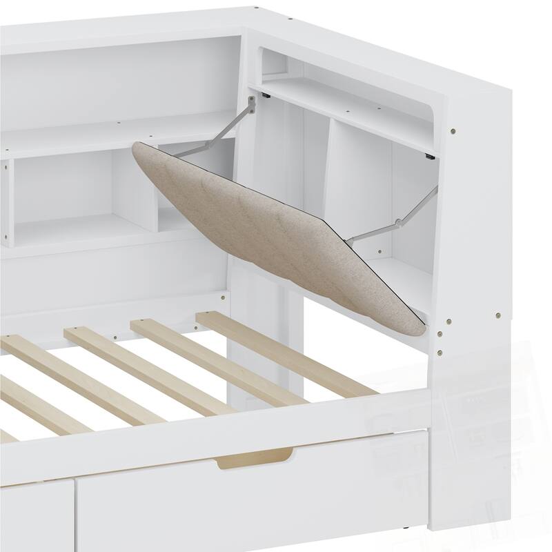 L-shaped Wooden Daybed with Desk and Storage Bookcase with Upholstered Headboard