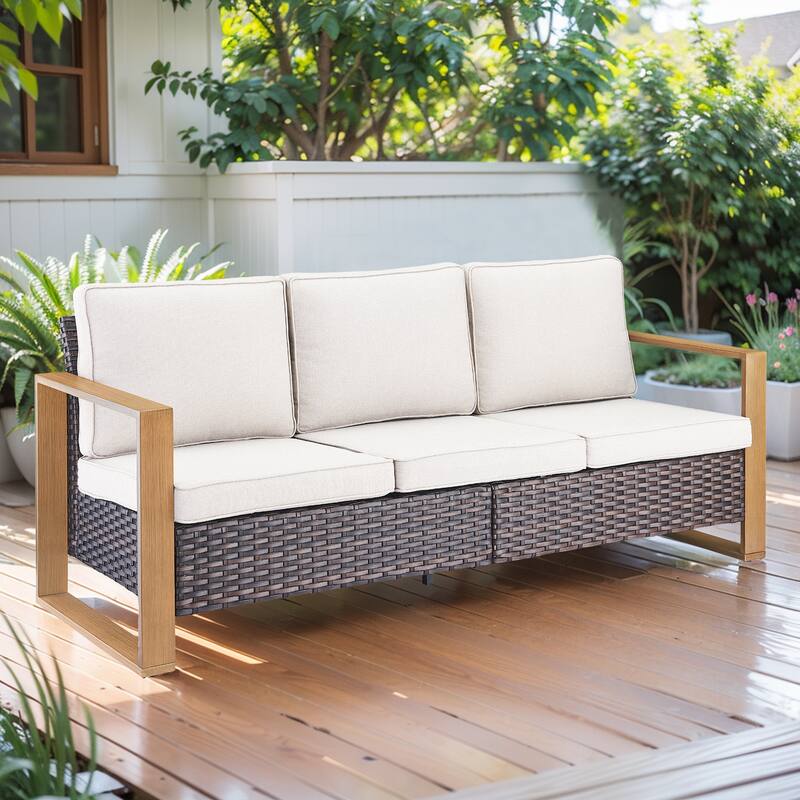 Gymojoy PE Wicker Patio Sofa Sectional Sets - Brown Wicker - Beige Cusion