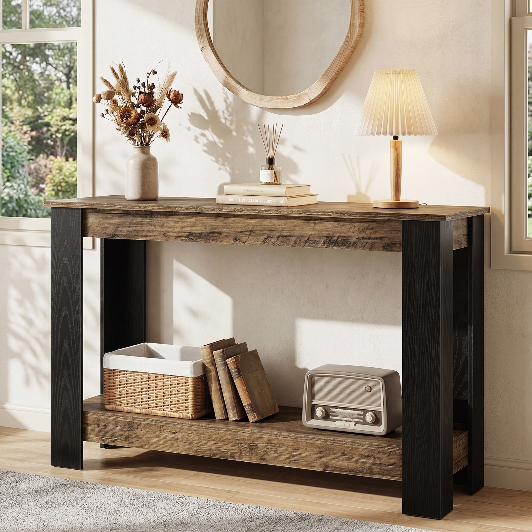 41" 2-Tier Entryway Console Table, Rustic Brown & Black Industrial Sofa Table - 41.34"W×11,81"D×31.5"H