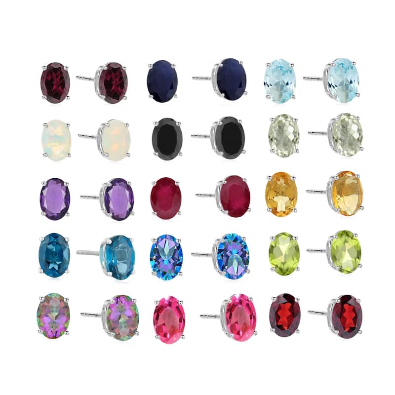 Sterling Silver 8x6 Oval Genuine Gemstone Birthstone Stud Earrings