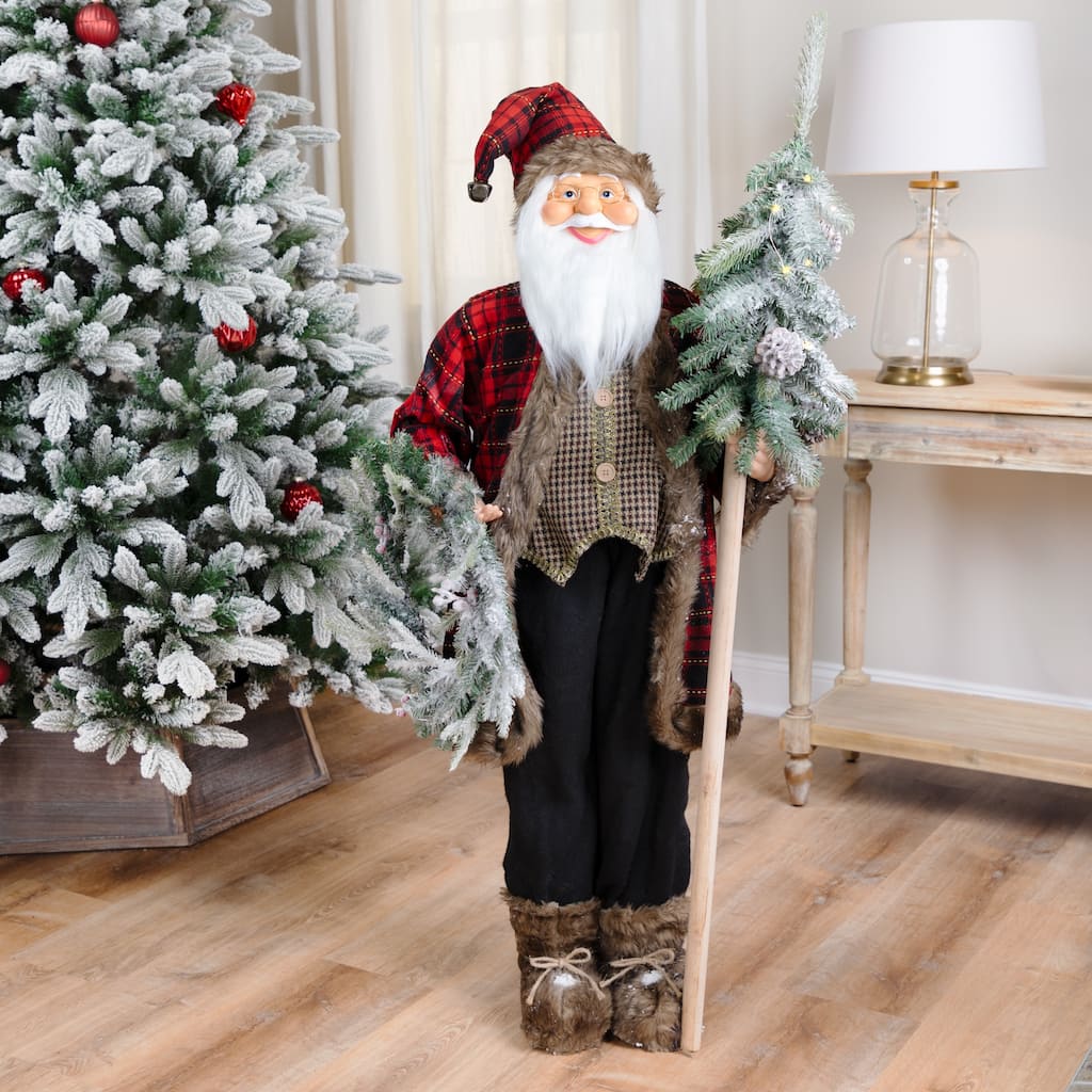 Plaid Standing Santa with Wreath & Alpine Tree Christmas Figure - 4'