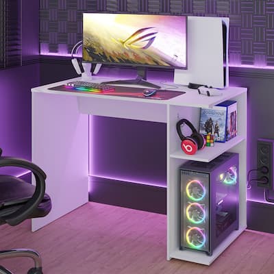 Madesa Gaming Computer Desk with 2 Shelves, Cable Management and Large Monitor Stand, Wood, 21" D x 39" W x 30" H - White