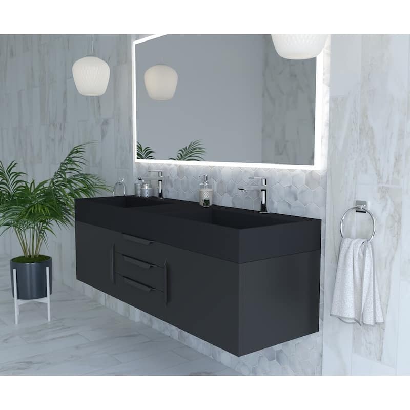 Amazon 60" Wall Mounted Bathroom Vanity Set w/ Black Top