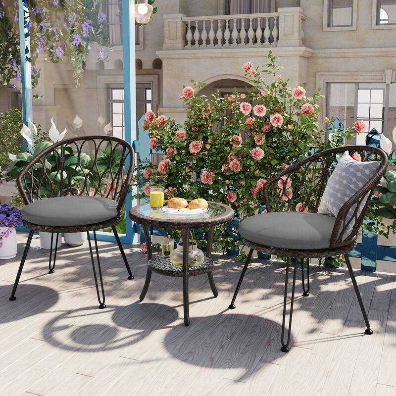 Outdoor Leisure Set, 2 Rattan Single Chairs with A Glass Round Table, Perfectly Suited for Patios, Balconies, and Courtyards - Brown+Gray