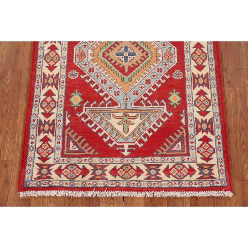 Geometric Red Kazak Oriental Accent Rug Handmade Foyer Wool Carpet - 2'7" x 3'10"