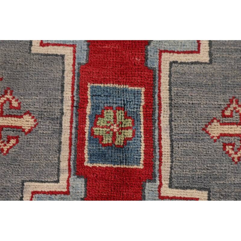 Gray Geometric Kazak Oriental Accent Rug Hand-Knotted Wool Carpet - 3'4"x 5'0"