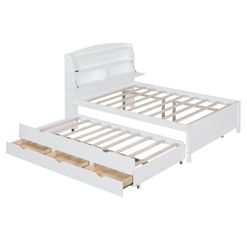 Full Size Wooden LED Platform Bed with Trundle, Storage Headboard Modern Floor Standing Bed Frame with Drawers