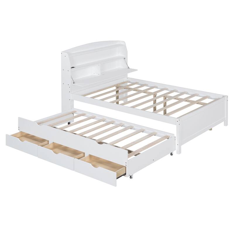 Full Size Wooden LED Platform Bed with Trundle, Storage Headboard and Drawers