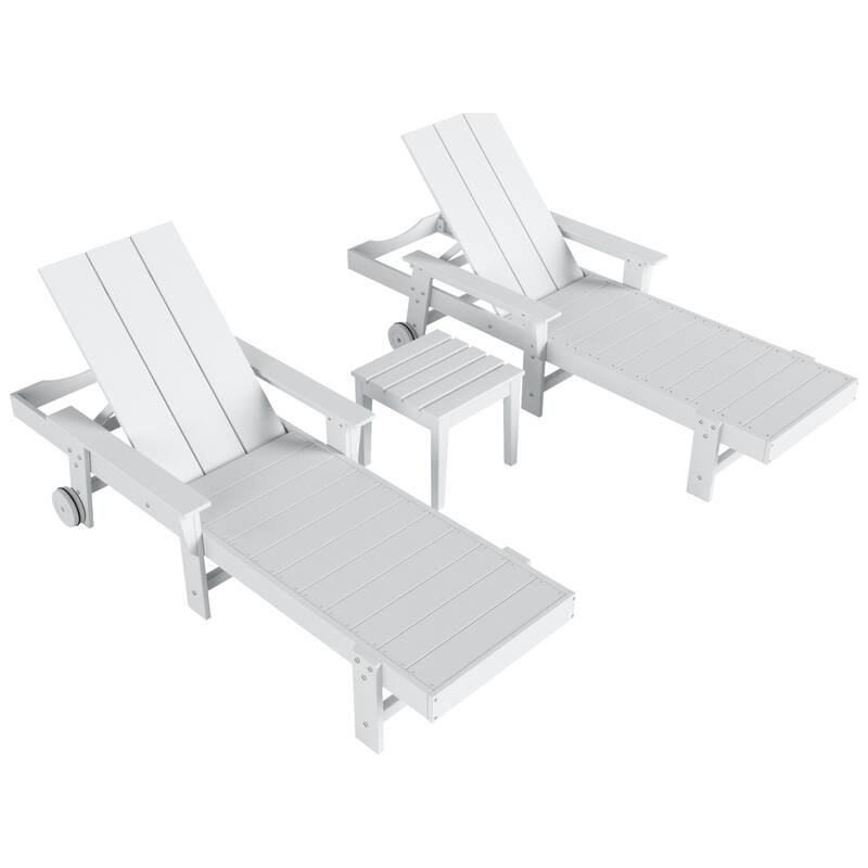 Polytrends Shoreside Modern Poly Reclining Eco-friendly Chaise Lounge With Arms, Wheels, and Side Table (3-Piece Set)