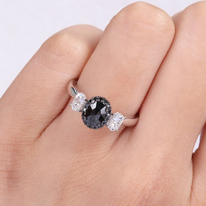 Miadora 10k White Gold 3/5ct TDW Black Diamond & Created Moissanite 3-Stone Halo Engagement Ring