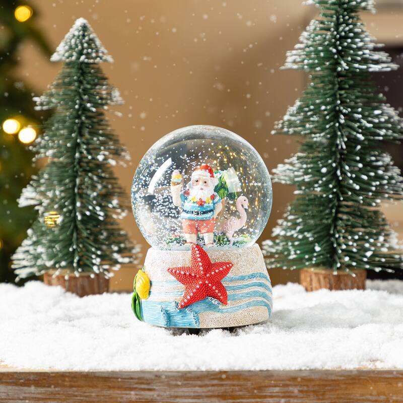 Glitzhome 100mm Christmas Resin Musical Snowflakes Santa on Vacation Waterglobe