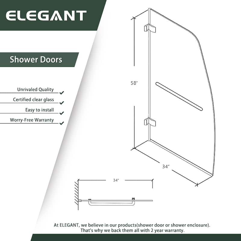 Elegant Tub Door Frameless Pivot Hinged Bathtub Glass Panel with Clear Tempered Glass Door for Bathtub