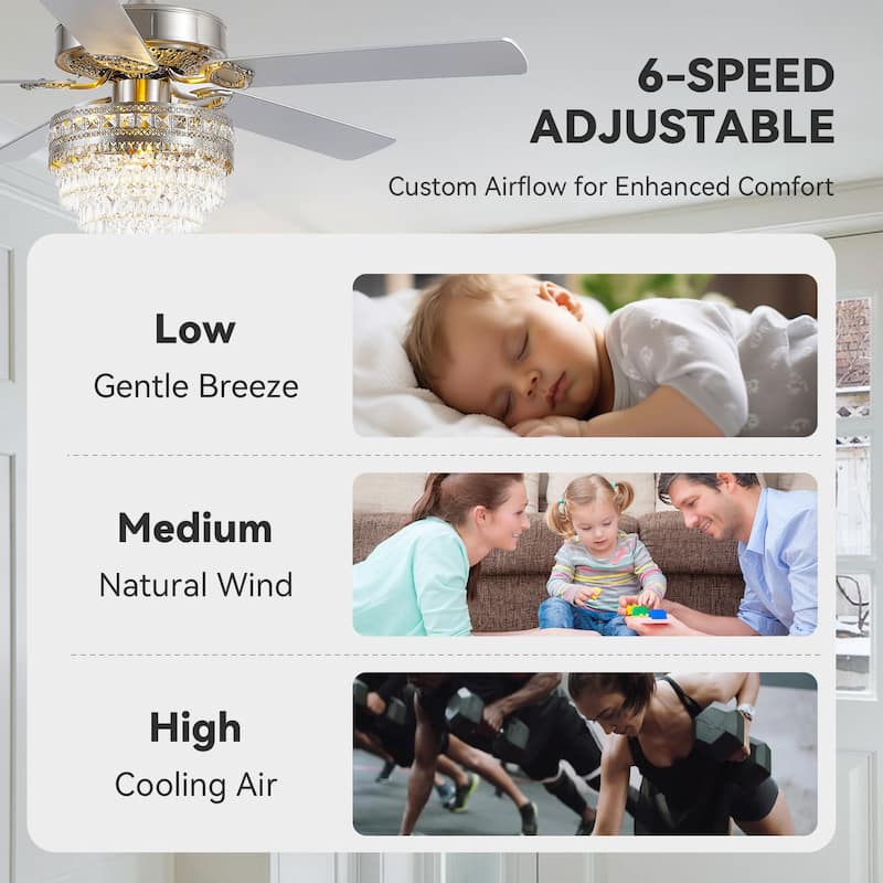 52 Inches Crystal Ceiling Fan Light,Chandelier,APP and Remote Control,5 Dual Side Plywood Blades,Reversible AC Motor - 52 Inches
