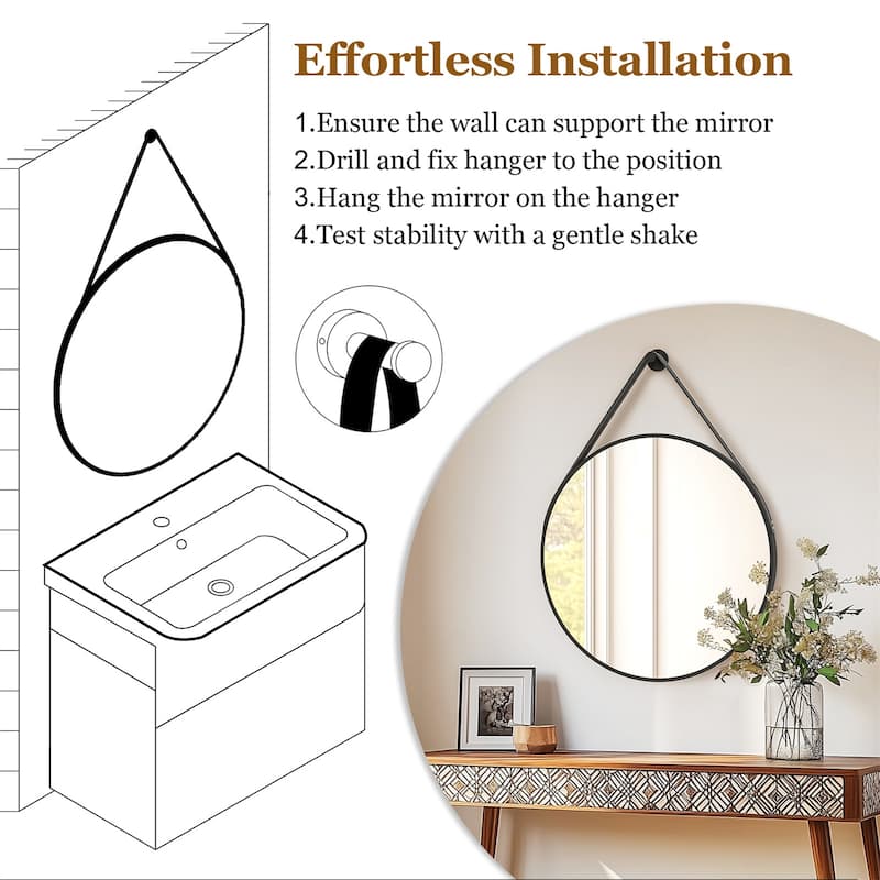 Round Wall Hanging Bathroom Vanity Mirror with Leather Strap Black Aluminum Frame