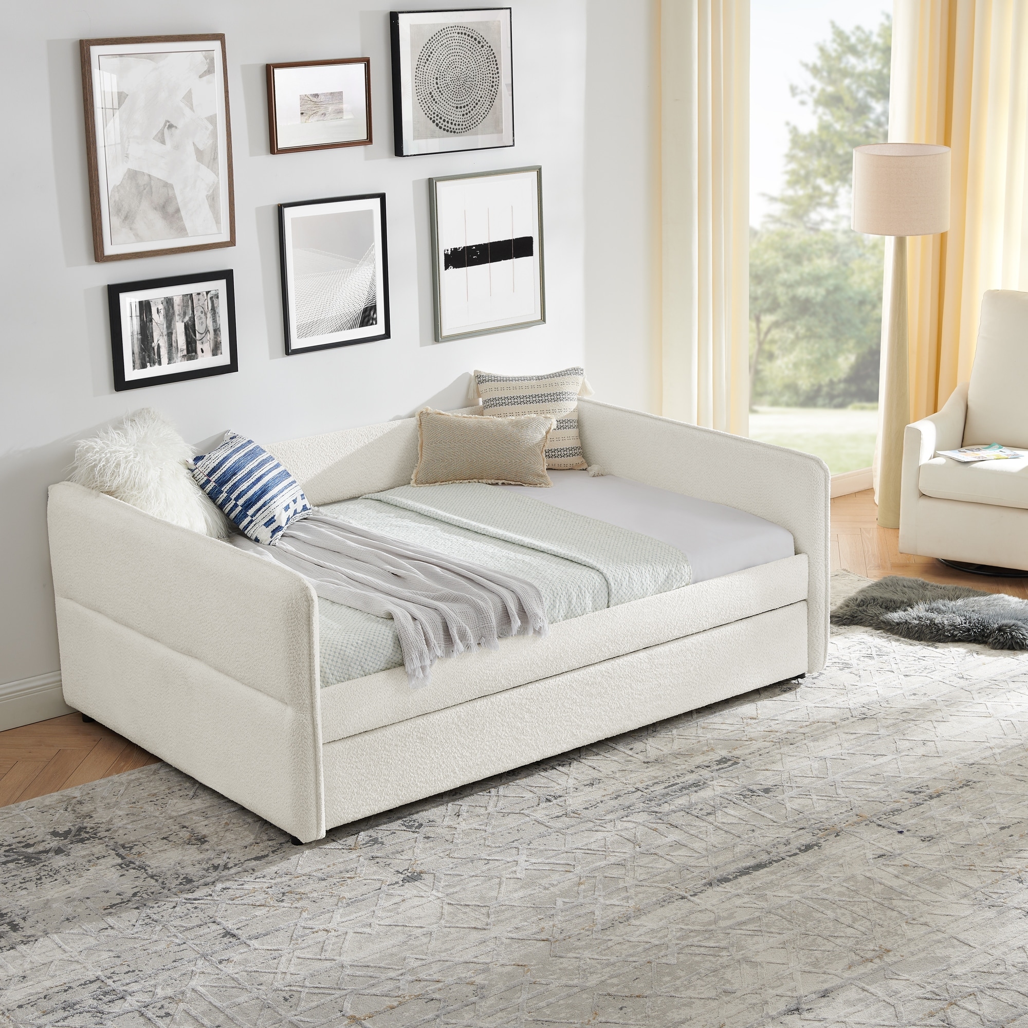 Beige Full Size Platform Bed Frame Daybed with Trundle Bed