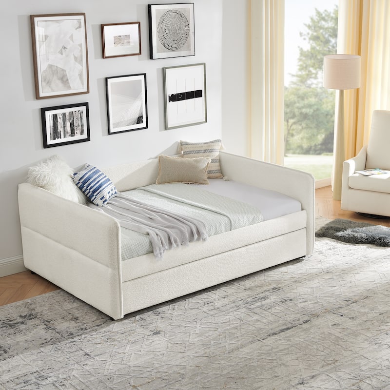 Daybed with Trundle Upholstered Tufted Sofa Bed, Full Size, Boucle Fabric, Beige(83"x58.5"x29.5")