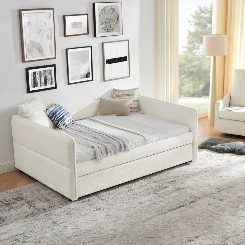 Full Size Boucle Daybed with Trundle and Tufted Upholstered Sofa Bed