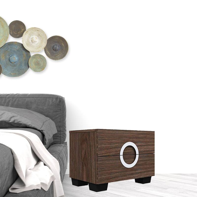 Wood Mirrored Nightstand with 2 Drawers and Black Legs - Brown