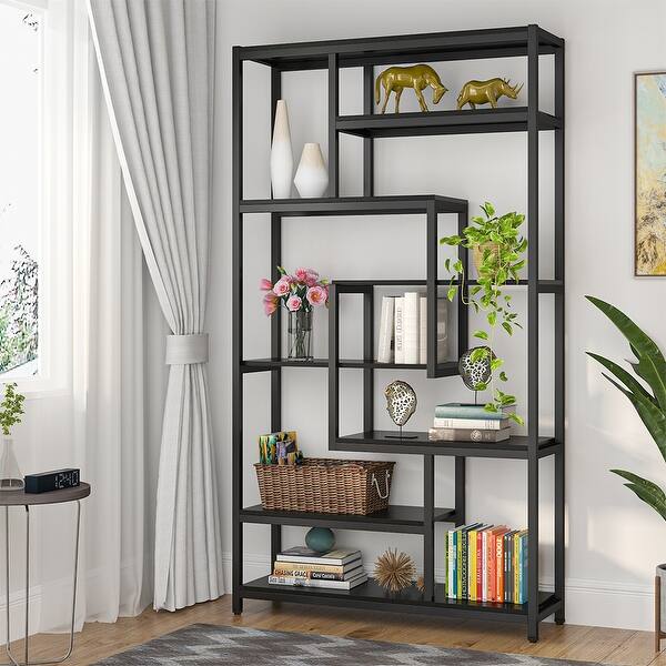 slide 1 of 7, 8-Shelves Staggered Bookshelf, Rustic Industrial Etagere Bookcase Black