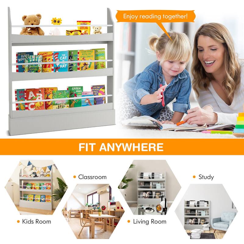 Gymax 3-Tier Kids Bookshelf Toy Storage Bookcase Rack Wall w/