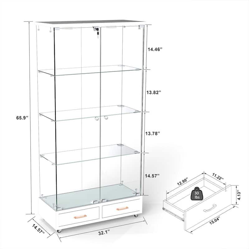 65.9" Modern Glass Display Cabinet with LED Lights, 2 Lockable Drawers & 4 Shelves, Curio Storage Case