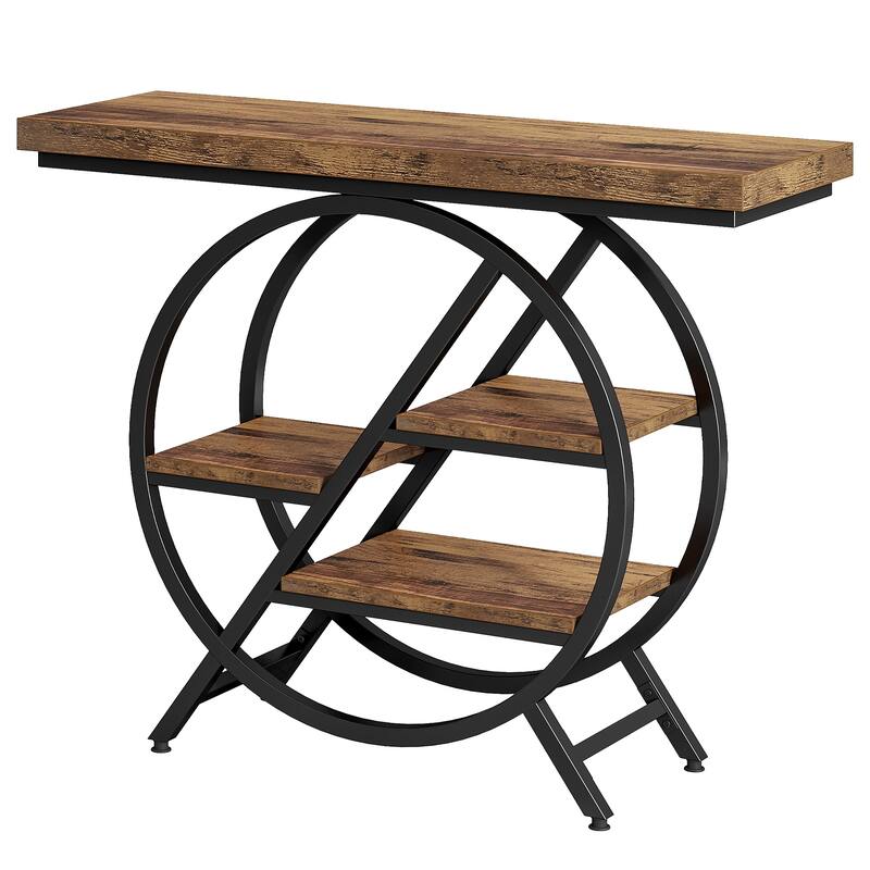 39.4" 4-Tier Entryway Console Table with Geometric Circle Metal Frame & Storage Shelves - Rustic Brown Accent Sofa Table