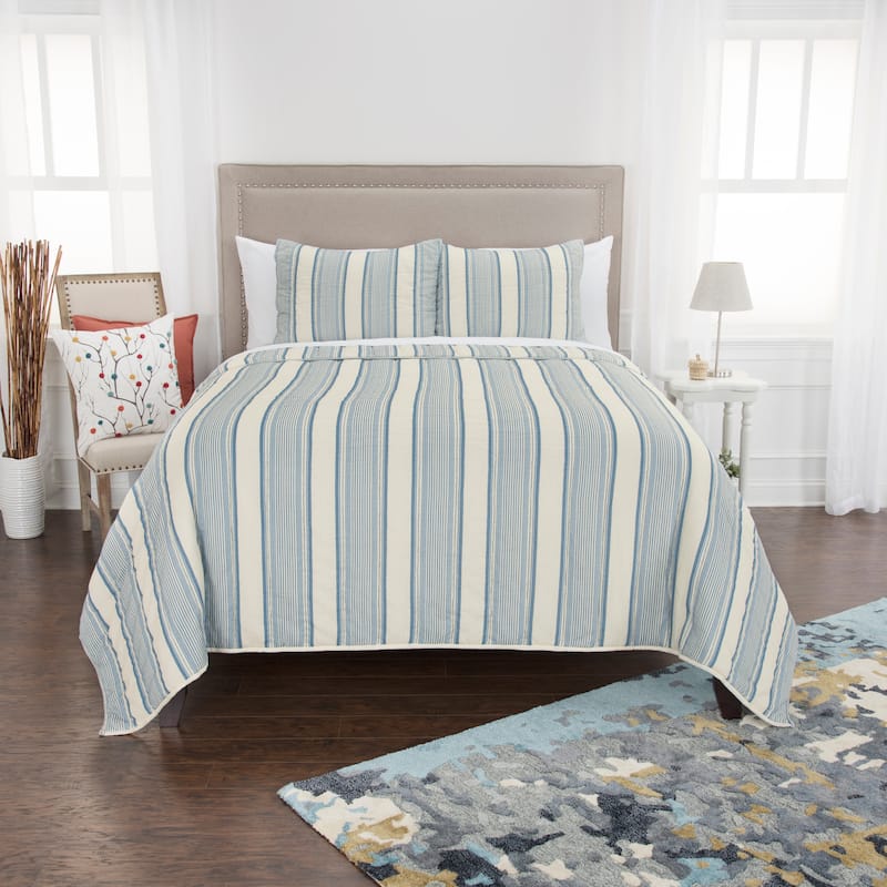 Rizzy Home Thomas Ivory and Blue Hand-quilted Striped 3-Piece Quilt Set