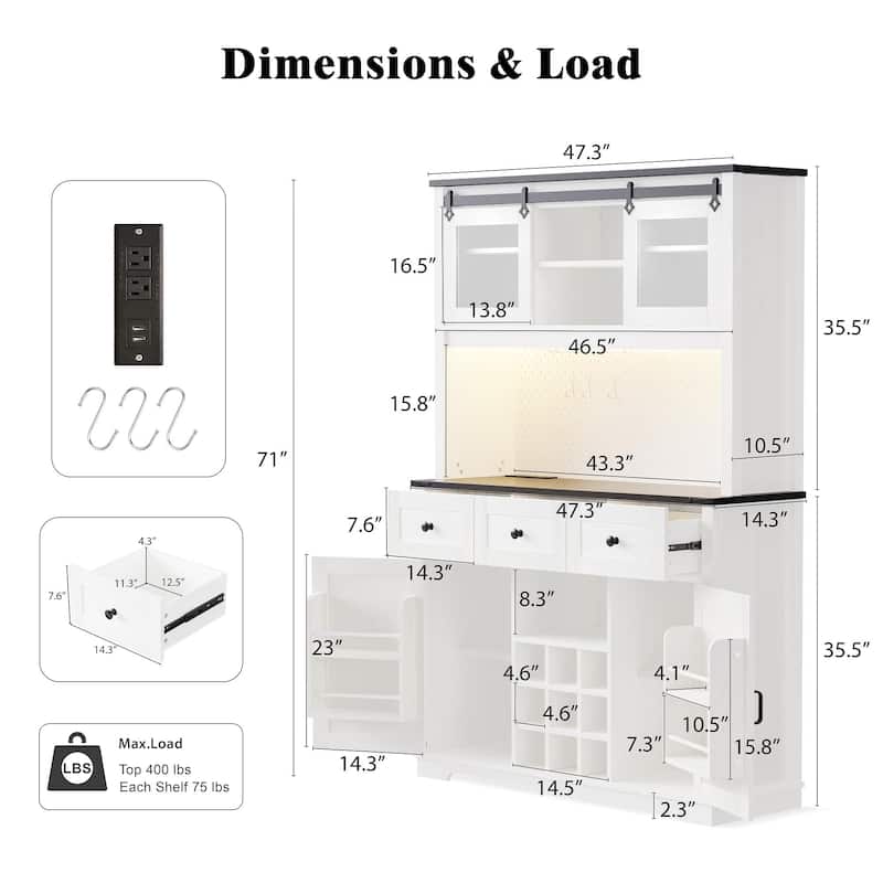 Farmhosue Pantry Bar Cabinet with Internal Storage Rack,Kitchen Cabinet with Hutch,White Oak - N/A