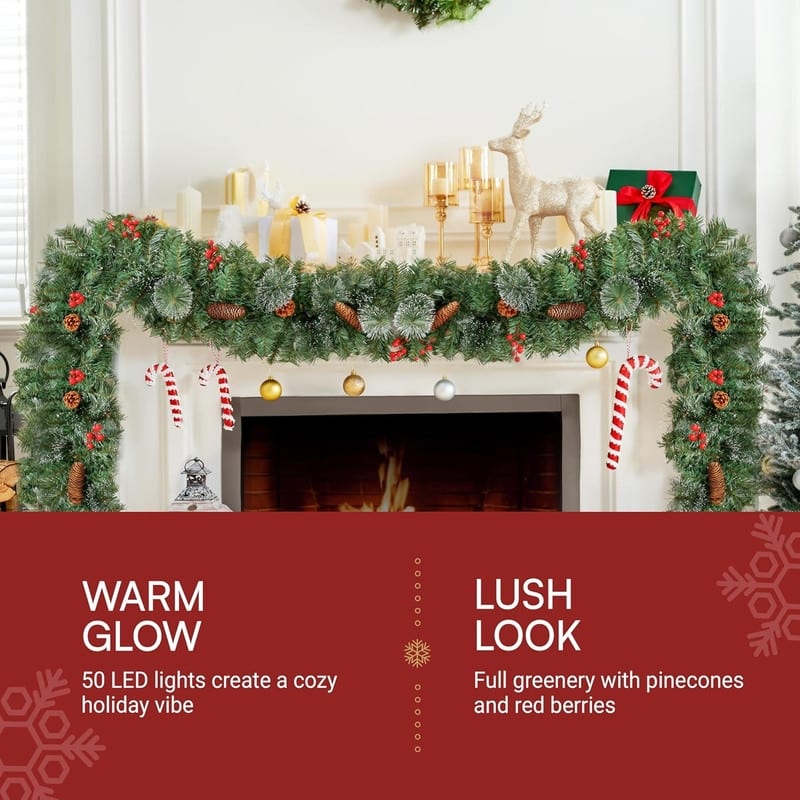 Joyfy Indoor/Outdoor Pre-lit Plug in 9-ft Pine Artificial Garland with Warm White LED Lights