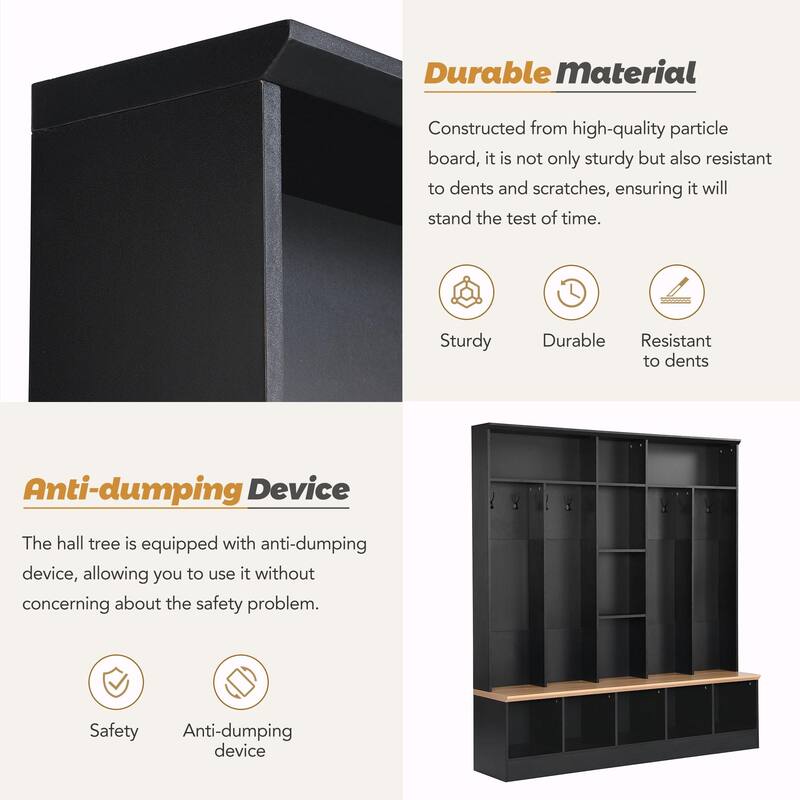 Wide Hall Tree with Storage Bench - Minimalist Shoe Cabinet, Cube Storage, 8 Hooks