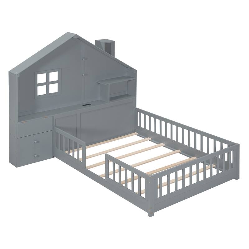 Full Size House Platform Bed with Window and Bedside Drawers, Shelves and A Set of Sockets and Usb Port