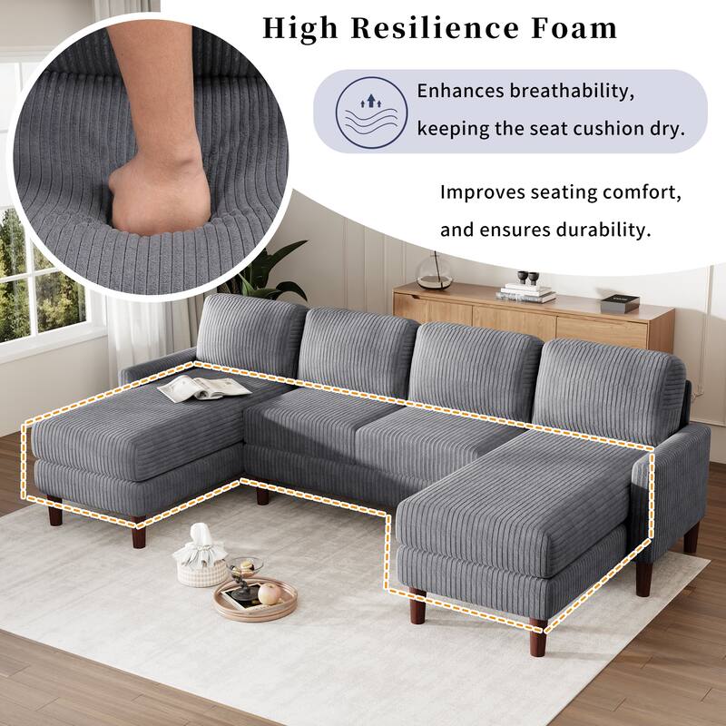Grey 103'' Versatile U-Shaped 4-Seat Sectional Sofa with 2 Chaises, Solid Wood Legs, and Spacious Seating Areas