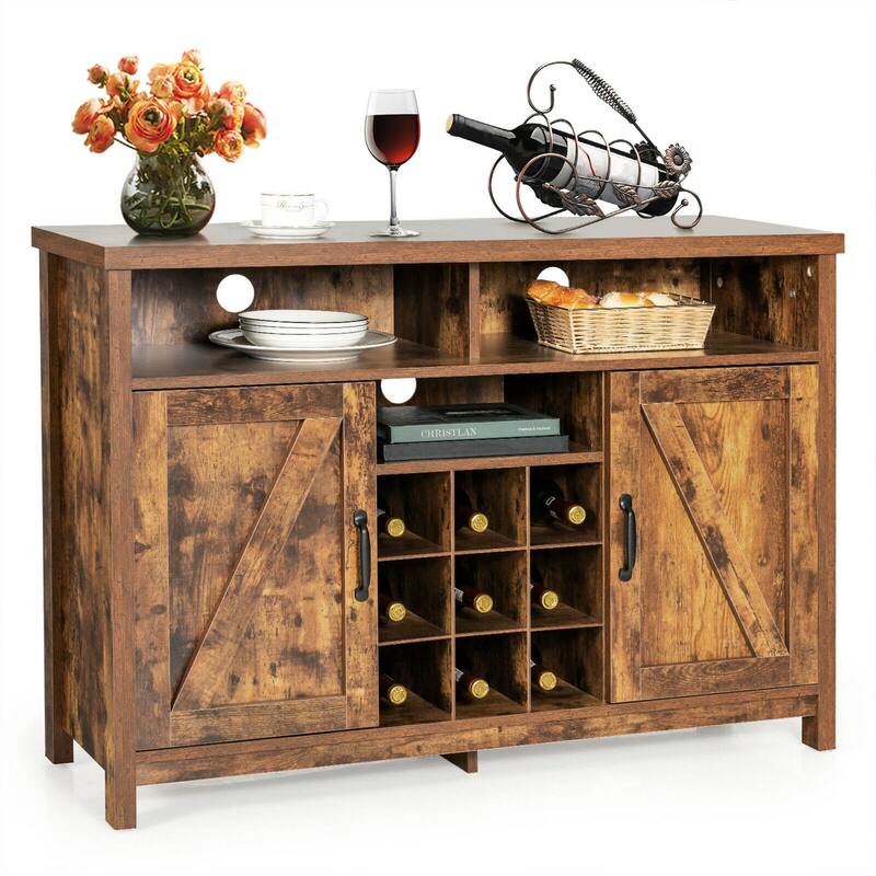 Gymax Buffet Storage Cabinet Farmhouse Sideboard w/9-Bottle Wine Rack - Rustic Brown