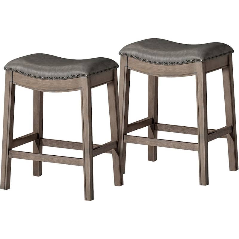 Maven Lane 26" Adrien Saddle Kitchen Counter Height Stool - Reclaimed Oak Vegan Leather - Set of 2