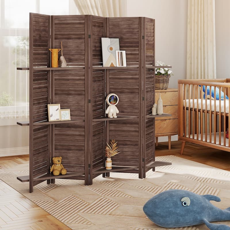 HOMCOM 5 Panel 67" Tall Wood Room Divider, Privacy Screen with 3 Display Shelves, and Folding Storage for Bedroom or Home Office