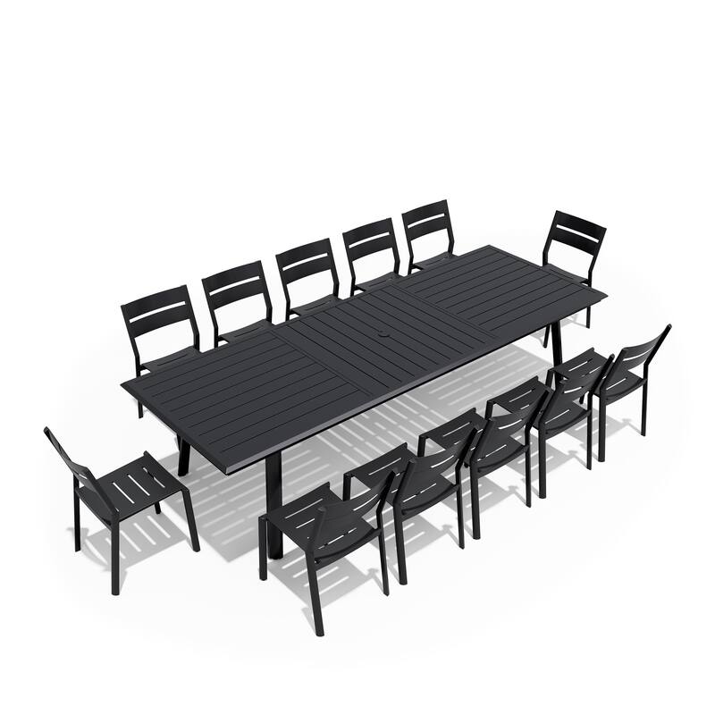 7/9/11/13-Piece Patio Dining Set Outdoor All-Weather Aluminum Dining Table with Umbrella Hole and Stackable Chairs - Set of 13 - with armless chair
