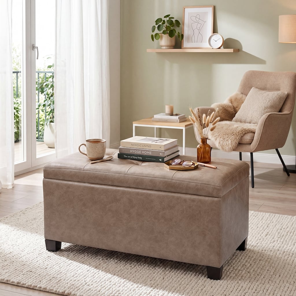 Adeco 30" W Upholstered Rectangle Storage Ottoman with Tray - 29.5“X15.0"X14.5"