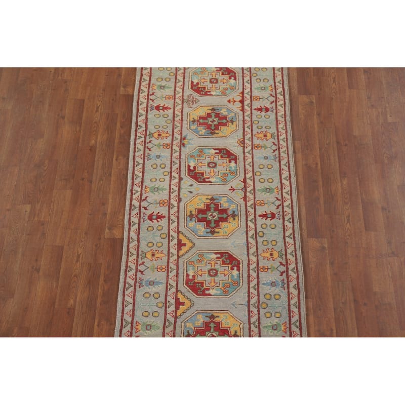 Hand Knotted Oriental 100% Wool Carpet Traditional Geometric Multi-Colored Kazak Runner Rug - 19' 10'' X 2' 6''