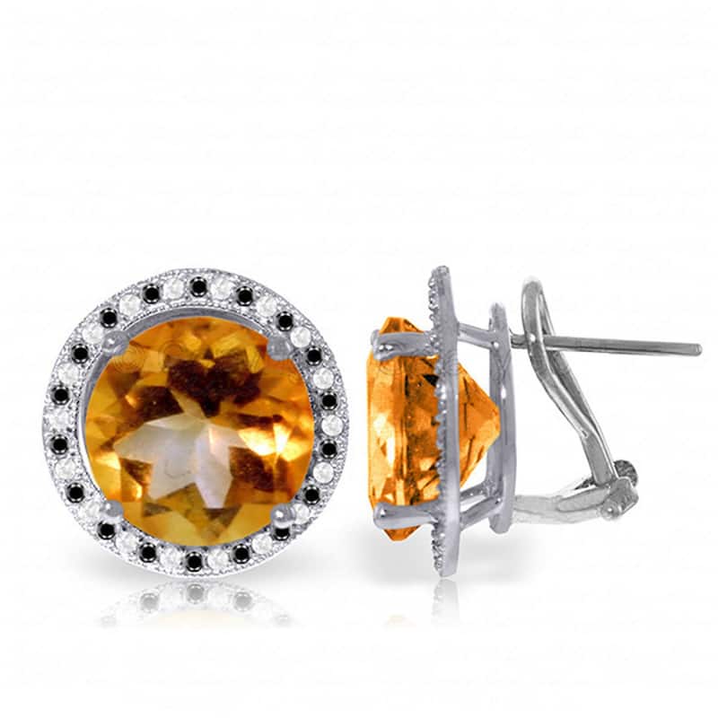 14K Solid Gold Stud Earrings Black / White Diamonds & Citrines - White