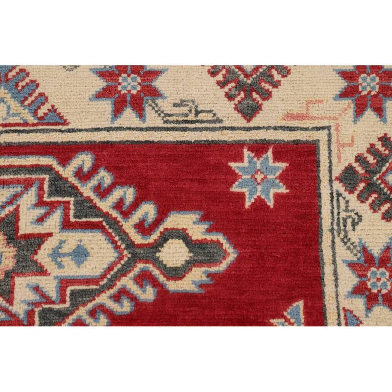 Geometric Red Kazak Accent Rug Hand-Knotted Wool Carpet - 3'4" x 4'9"