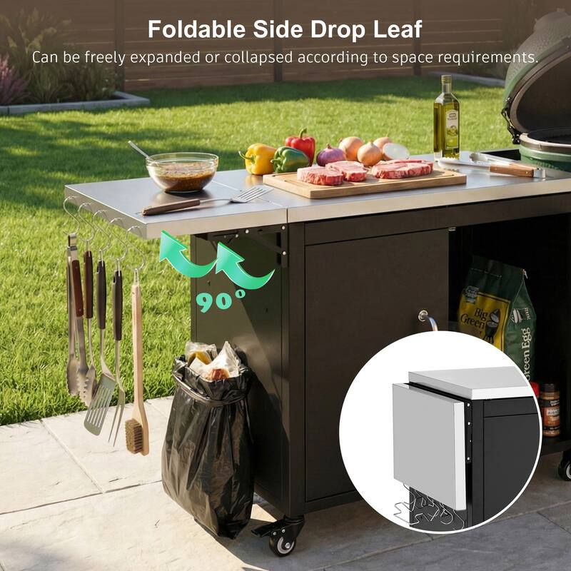 76 Inch Outdoor Grill Cart with Storage Drop Leaf Hooks and Bottle Opener